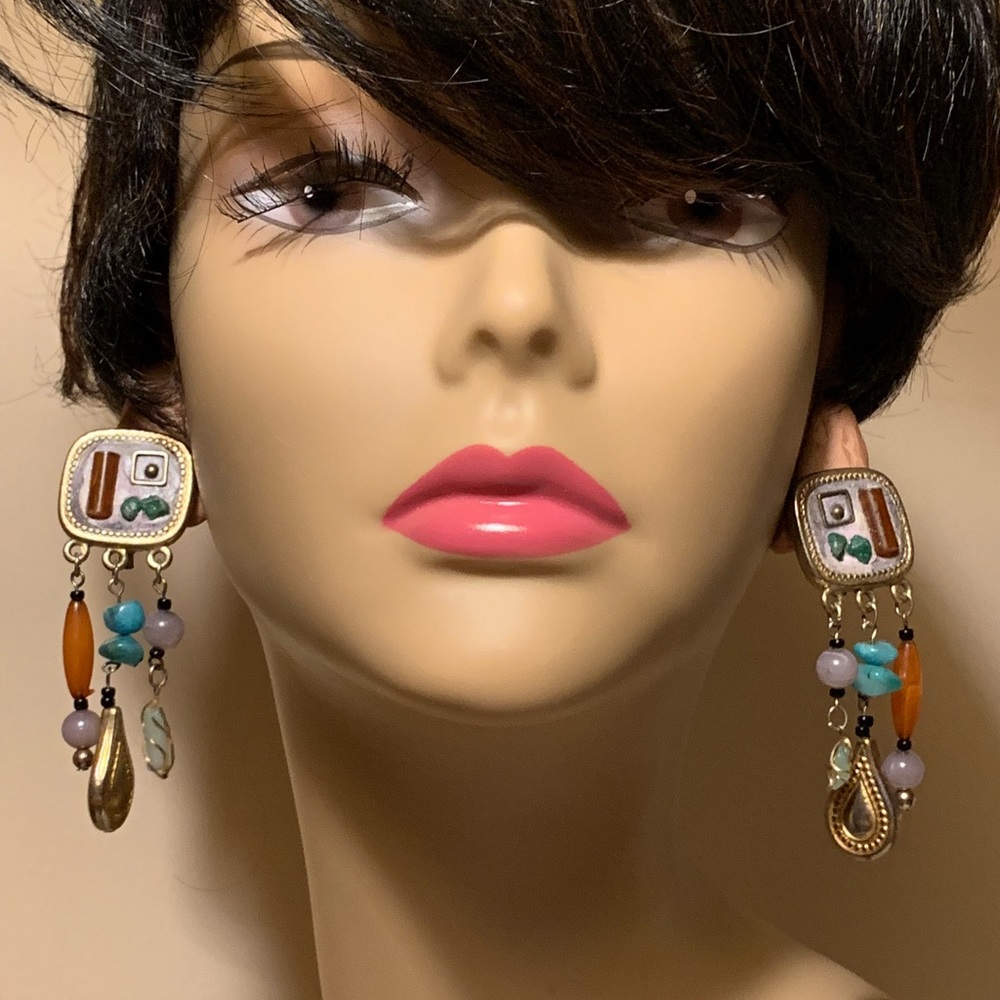 Vintage Artsy Brass Drop Beaded Clip On Earrings